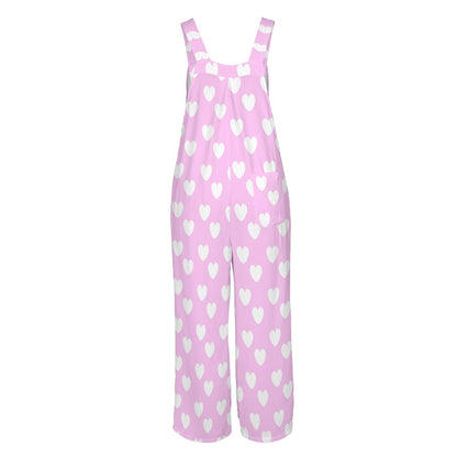Sweet Love Hearts Adjustable Strap Wide Leg Jumpsuit Overalls With Pockets (White x Pink)