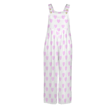 Sweet Love Hearts Adjustable Strap Wide Leg Jumpsuit Overalls With Pockets (Pink x White)