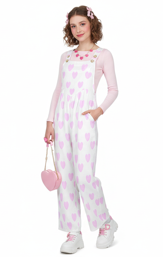 Sweet Love Hearts Adjustable Strap Wide Leg Jumpsuit Overalls With Pockets (Pink x White)