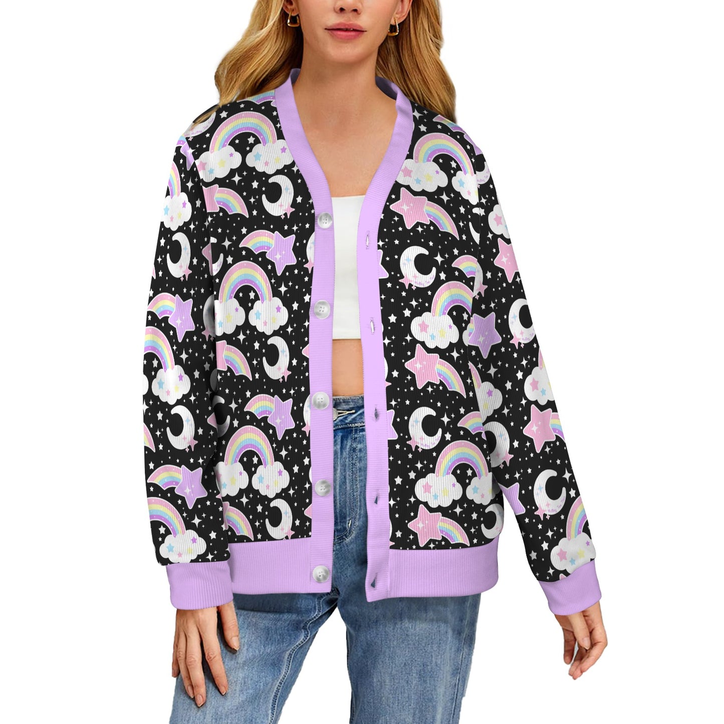 Dreamy Rainbow Women's Ribbed Button Up Cardigan (Black)