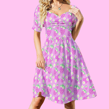 Strawberry Cutie Women's Sweetheart Neckline Puff Short Sleeve A-line Mini Dress (Fruity Berry Pink)
