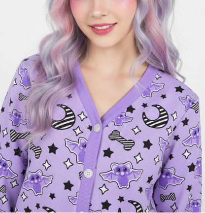 Magical Kawaii Spooky Bats Women's Ribbed Button Up Cardigan