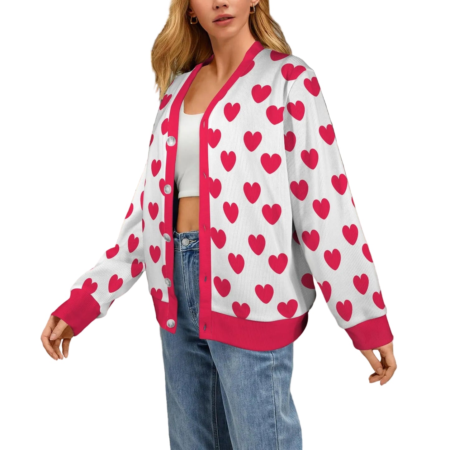 Sweet Love Hearts Ribbed Button Up Cardigan (Red x White)