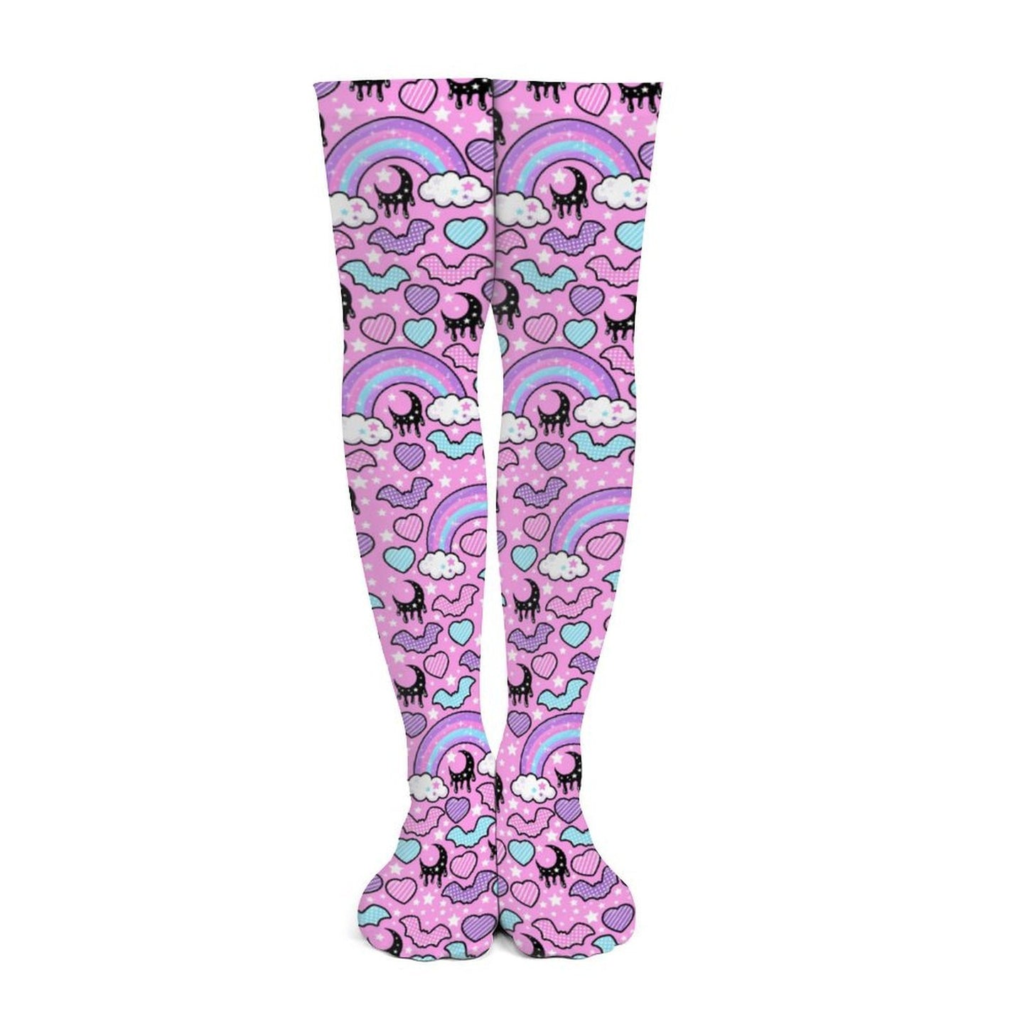 Rainbow Spooky Bats Over Knee Stocking Socks (Pink)