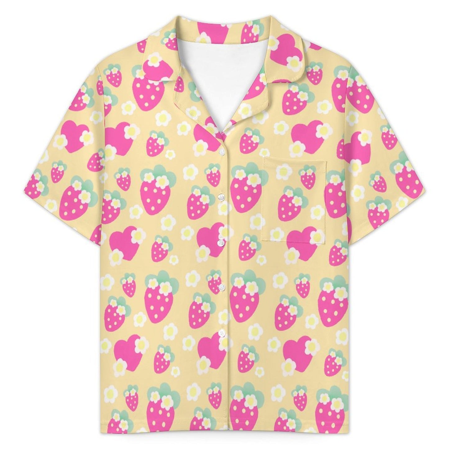 Strawberry Cutie Women's Top & Bottom Pajama Loungewear Set Short Sleeve Button Top Frilly Ruffled Shorts With Pockets (Fruity Berry Yellow)