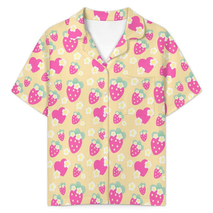 Strawberry Cutie Women's Top & Bottom Pajama Loungewear Set Short Sleeve Button Top Frilly Ruffled Shorts With Pockets (Fruity Berry Yellow)