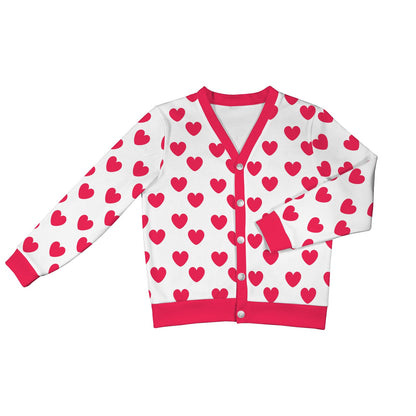 Sweet Love Hearts Ribbed Button Up Cardigan (Red x White)