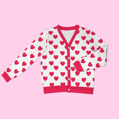 Sweet Love Hearts Ribbed Button Up Cardigan (Red x White)