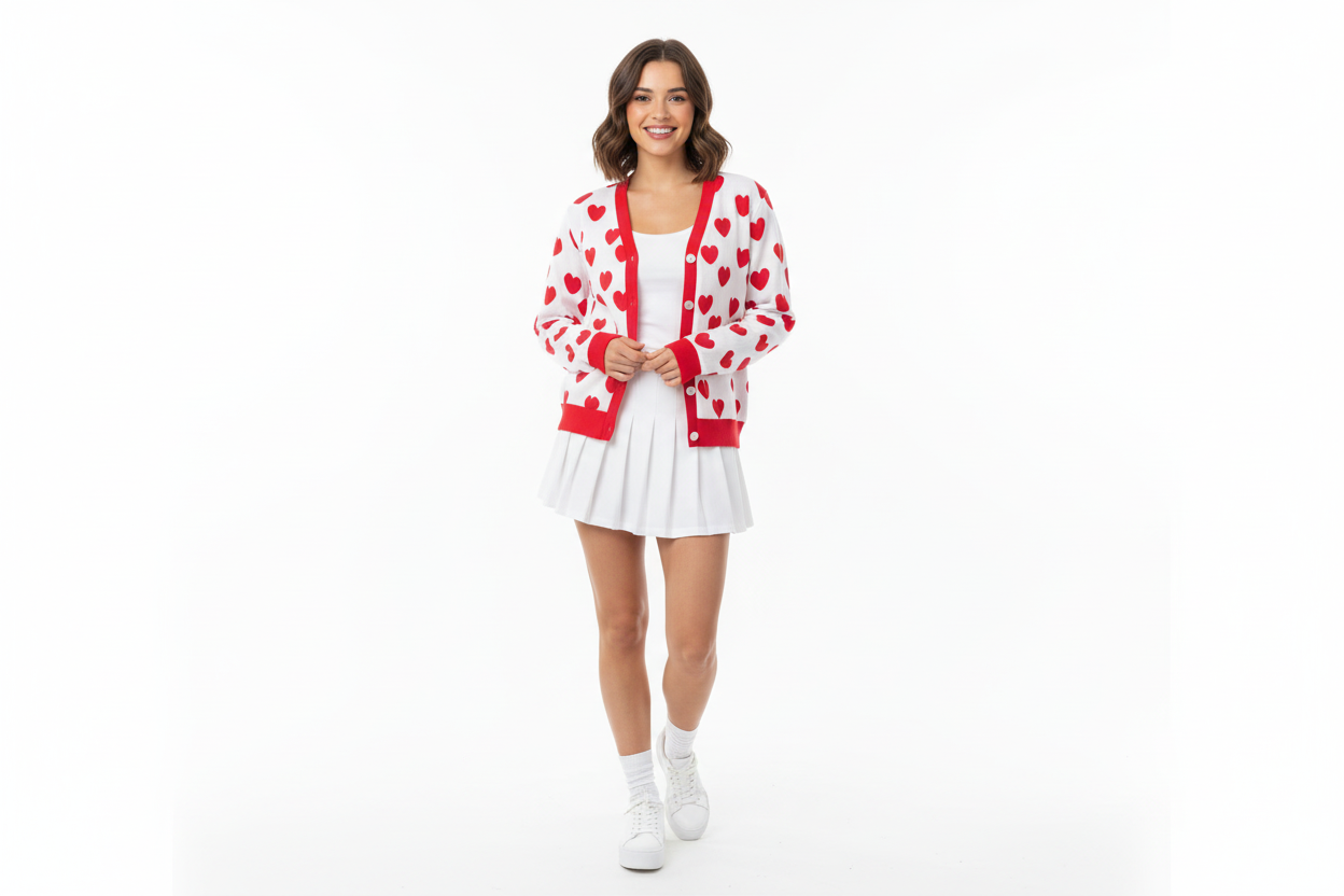 Sweet Love Hearts Ribbed Button Up Cardigan (Red x White)