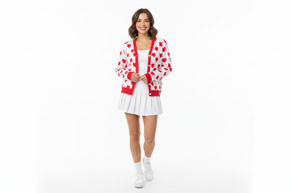 Sweet Love Hearts Ribbed Button Up Cardigan (Red x White)