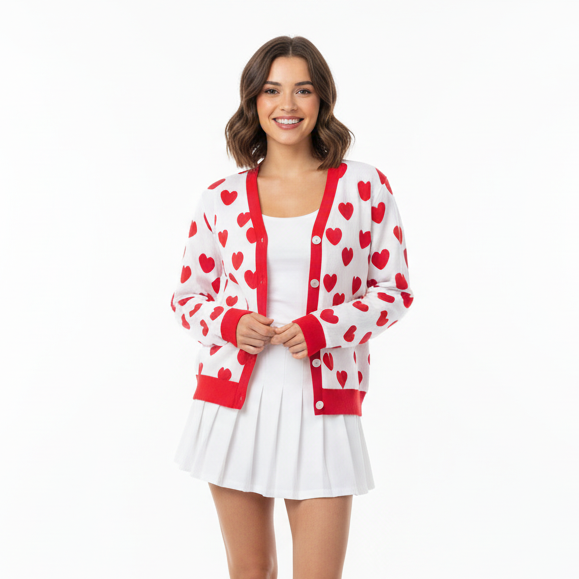 Sweet Love Hearts Ribbed Button Up Cardigan (Red x White)