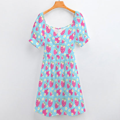 Strawberry Cutie Women's Sweetheart Neckline Puff Short Sleeve A-line Mini Dress (Fruity Berry Blue)