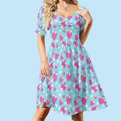 Strawberry Cutie Women's Sweetheart Neckline Puff Short Sleeve A-line Mini Dress (Fruity Berry Blue)