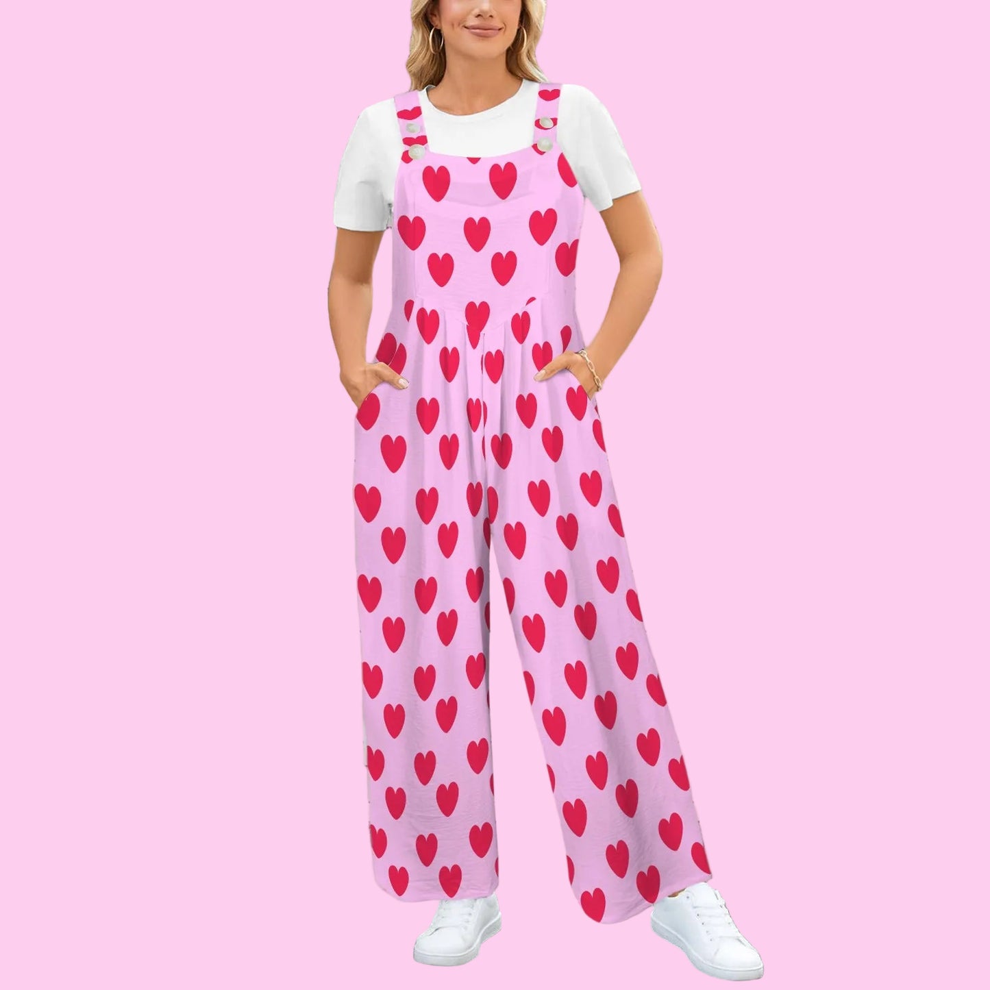 Sweet Love Hearts Adjustable Strap Wide Leg Jumpsuit Overalls With Pockets (Red x Pink)