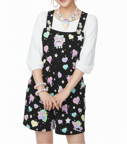 Rainbow Sweets Adjustable Strap Romper Overall Shorts With Pockets (Black)