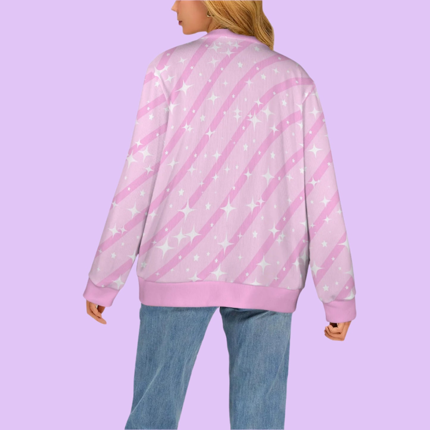 Bubblegum Bunny Pink Stripes Women's Ribbed Button Up Cardigan