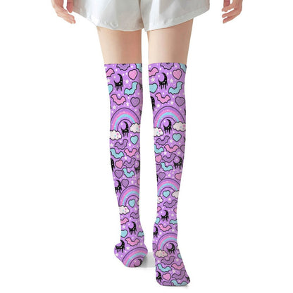 Rainbow Spooky Bats Over Knee Stocking Socks (Purple)