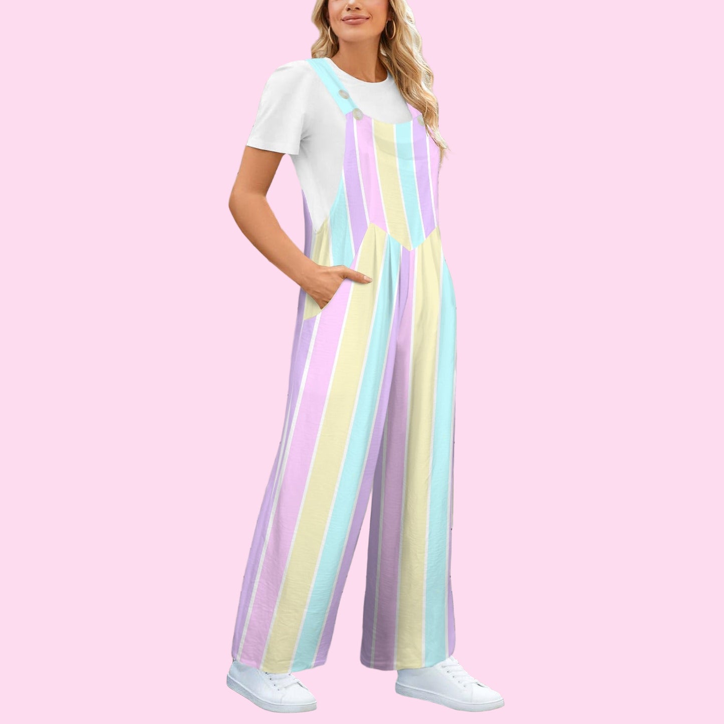 Pastel Stripes Adjustable Strap Wide Leg Jumpsuit Overalls With Pockets