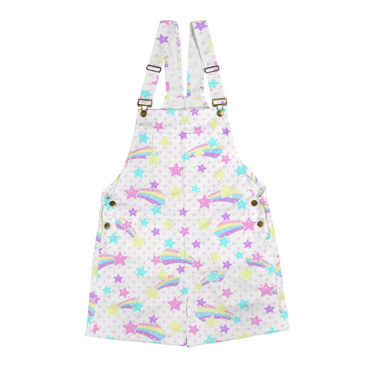 Starry Party White Unisex Shorts Overalls With Adjustable Straps And Pockets