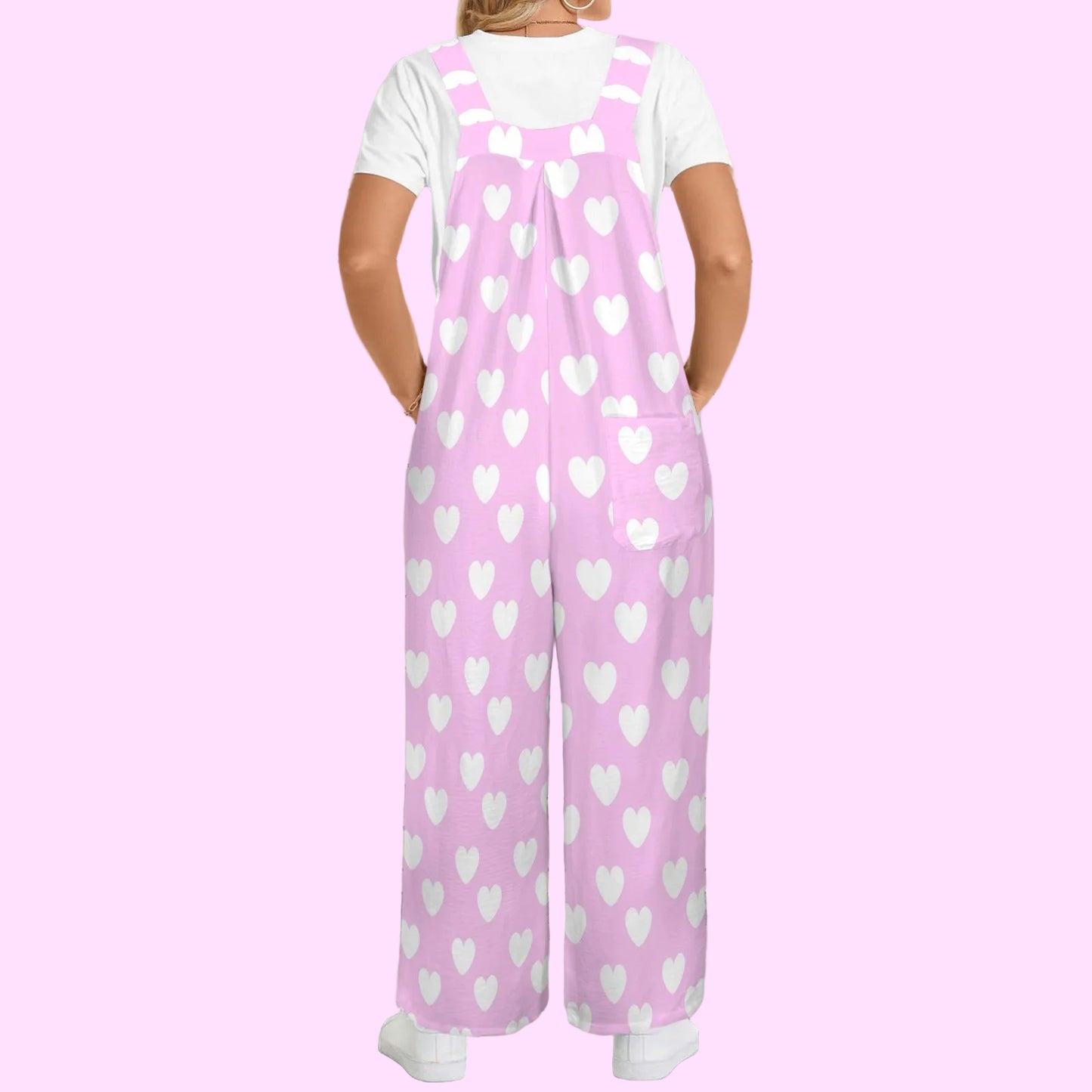 Sweet Love Hearts Adjustable Strap Wide Leg Jumpsuit Overalls With Pockets (White x Pink)