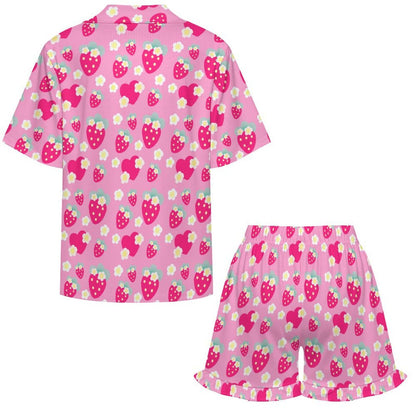 Strawberry Cutie Women's Top & Bottom Pajama Loungewear Set Short Sleeve Button Top Frilly Ruffled Shorts With Pockets (Soda Pop Fruity Berry Pink)