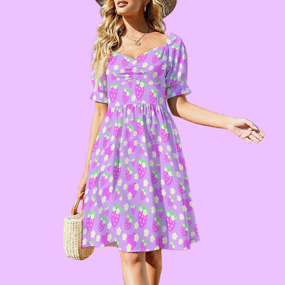 Strawberry Cutie Women's Sweetheart Neckline Puff Short Sleeve A-line Mini Dress (Fruity Berry Purple)
