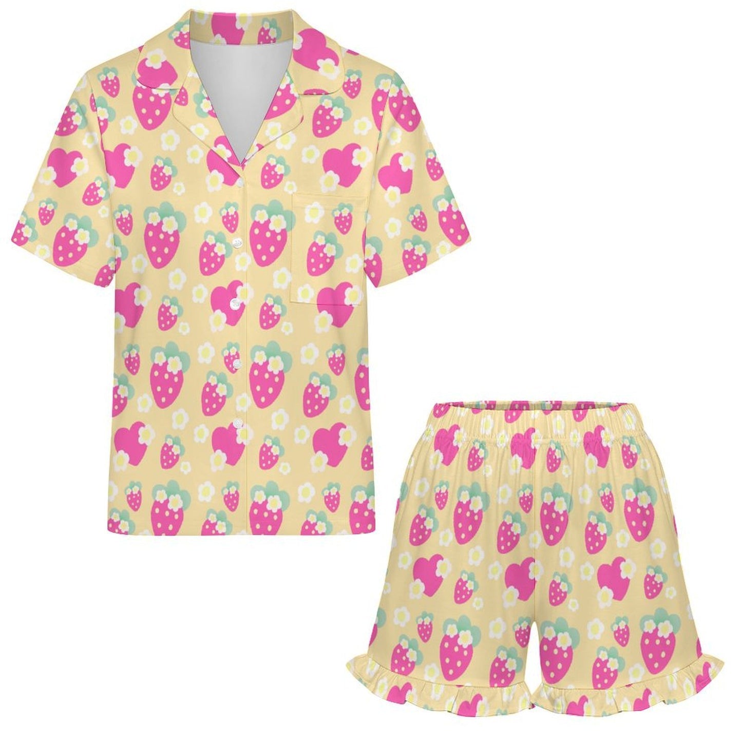 Strawberry Cutie Women's Top & Bottom Pajama Loungewear Set Short Sleeve Button Top Frilly Ruffled Shorts With Pockets (Fruity Berry Yellow)