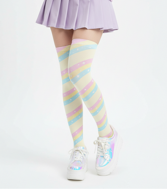 Fairy kei Yumekawaii Kawaii fashion pastel rainbow stripes harajuku fashion jfashion pop kei magical girl mahou shoujo over the knee stocking socks yellow