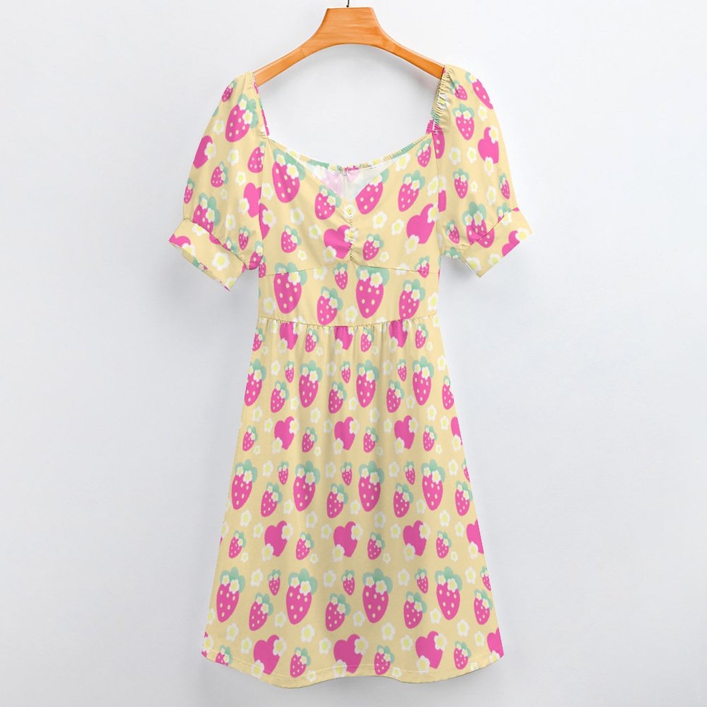 Strawberry Cutie Women's Sweetheart Neckline Puff Short Sleeve A-line Mini Dress (Fruity Berry Yellow)