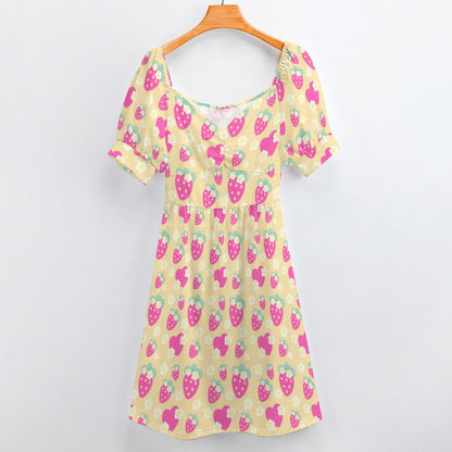 Strawberry Cutie Women's Sweetheart Neckline Puff Short Sleeve A-line Mini Dress (Fruity Berry Yellow)