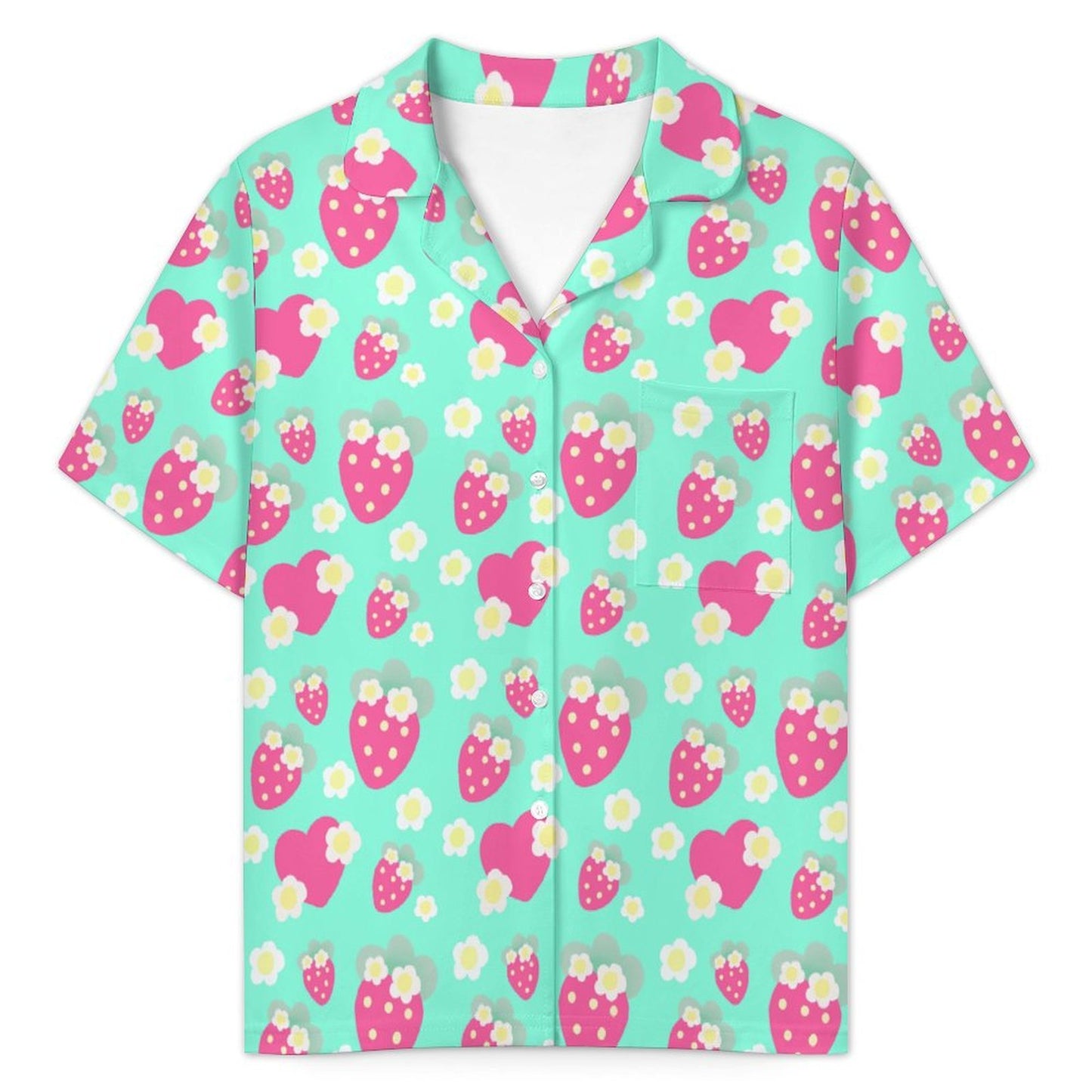 Strawberry Cutie Women's Top & Bottom Pajama Loungewear Set Short Sleeve Button Top Frilly Ruffled Shorts With Pockets (Fruity Berry Mint)
