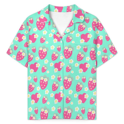 Strawberry Cutie Women's Top & Bottom Pajama Loungewear Set Short Sleeve Button Top Frilly Ruffled Shorts With Pockets (Fruity Berry Mint)