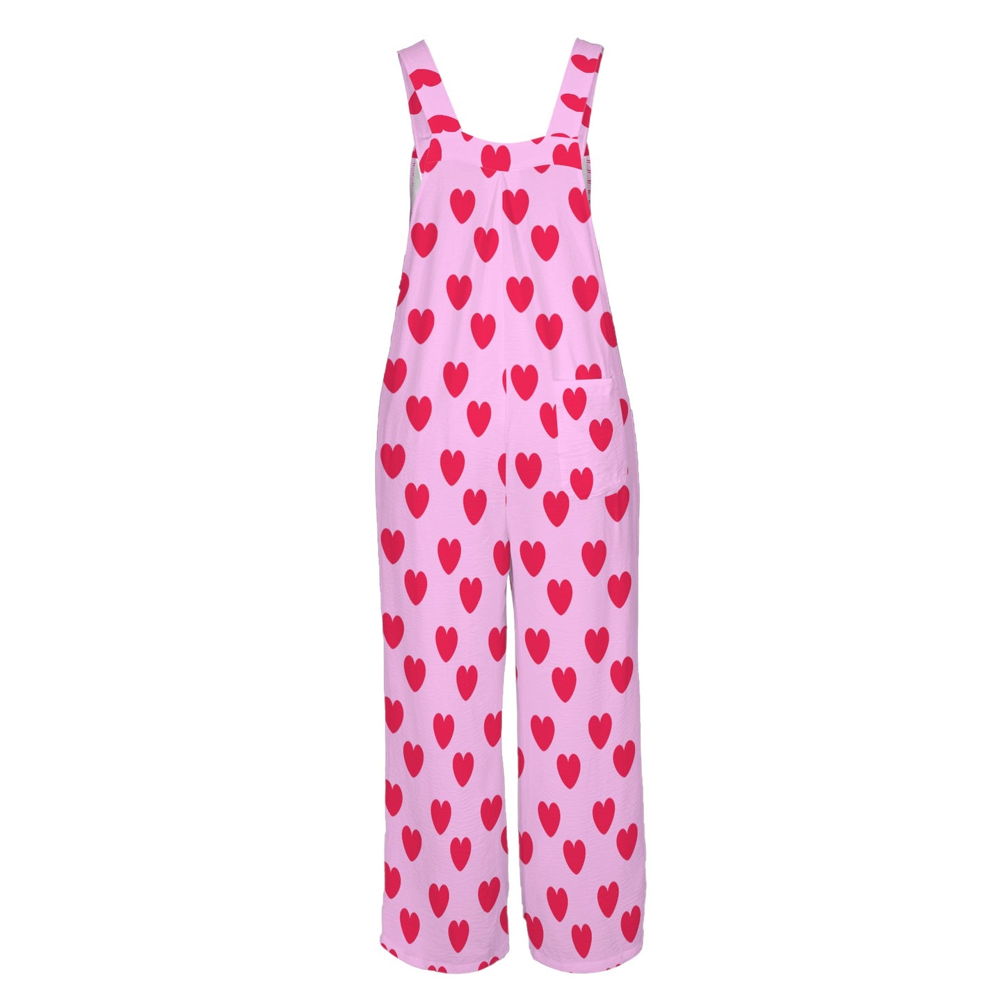 Sweet Love Hearts Adjustable Strap Wide Leg Jumpsuit Overalls With Pockets (Red x Pink)