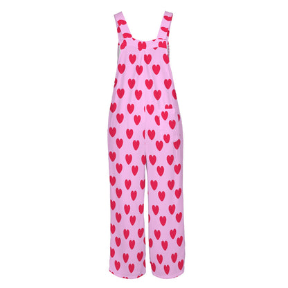 Sweet Love Hearts Adjustable Strap Wide Leg Jumpsuit Overalls With Pockets (Red x Pink)