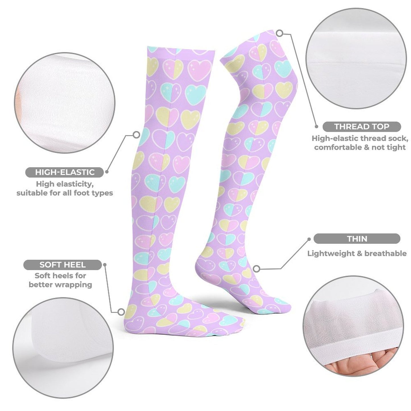 Sweet Love Hearts Over Knee Stocking Socks (Purple)