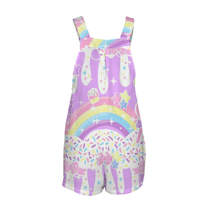 Rainbow Sweets Adjustable Strap Romper Overall Shorts With Pockets (Purple Candy Sprinkles)