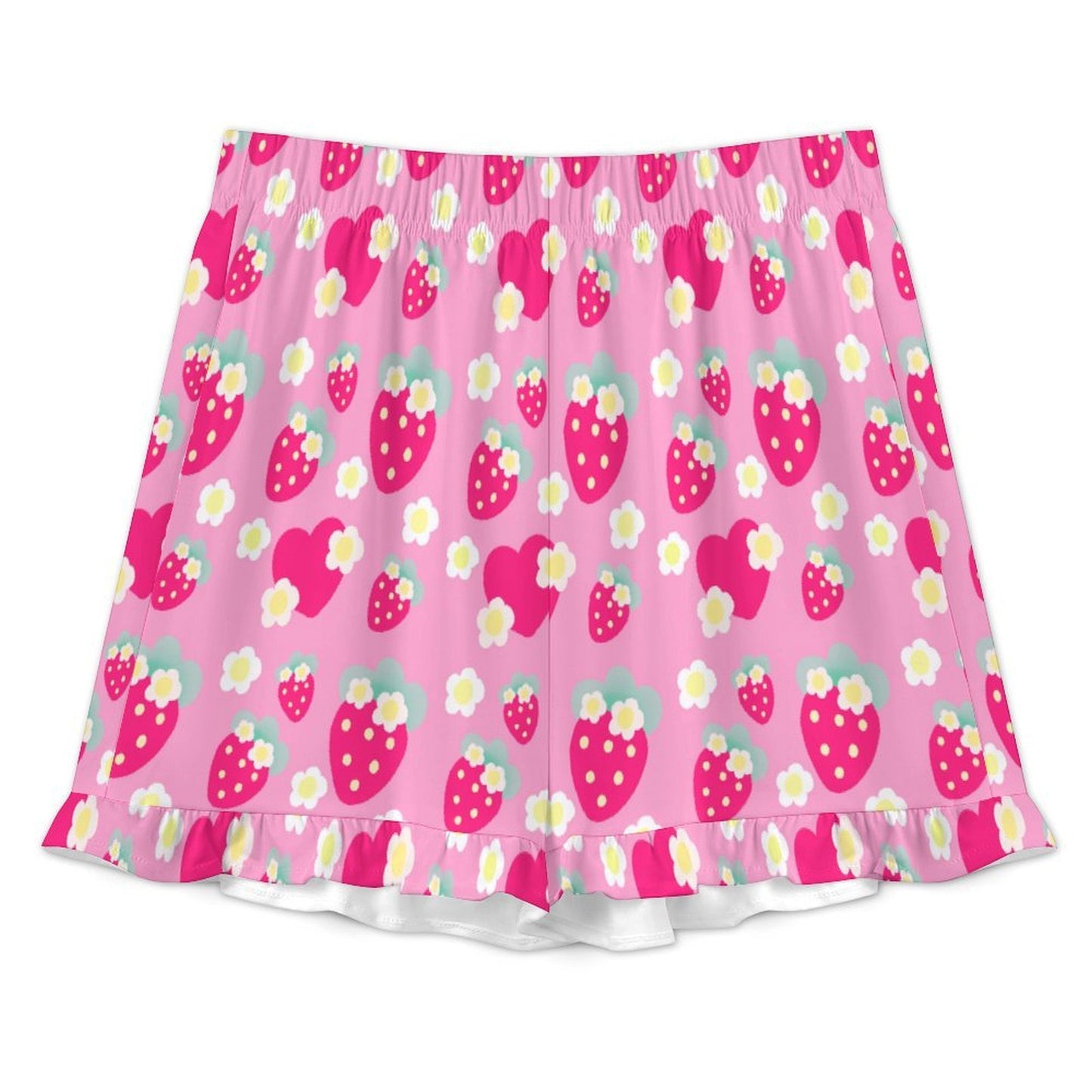 Strawberry Cutie Women's Top & Bottom Pajama Loungewear Set Short Sleeve Button Top Frilly Ruffled Shorts With Pockets (Soda Pop Fruity Berry Pink)