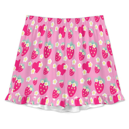 Strawberry Cutie Women's Top & Bottom Pajama Loungewear Set Short Sleeve Button Top Frilly Ruffled Shorts With Pockets (Soda Pop Fruity Berry Pink)