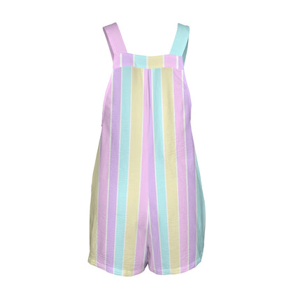 Pastel Stripes Adjustable Strap Romper Overall Shorts With Pockets