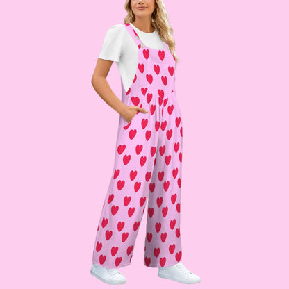 Sweet Love Hearts Adjustable Strap Wide Leg Jumpsuit Overalls With Pockets (Red x Pink)