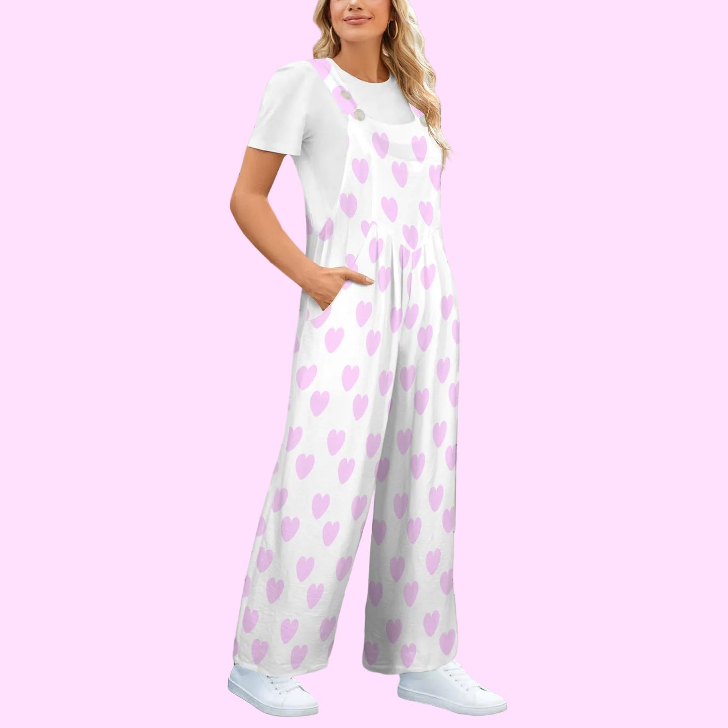 Sweet Love Hearts Adjustable Strap Wide Leg Jumpsuit Overalls With Pockets (Pink x White)