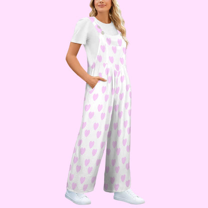 Sweet Love Hearts Adjustable Strap Wide Leg Jumpsuit Overalls With Pockets (Pink x White)