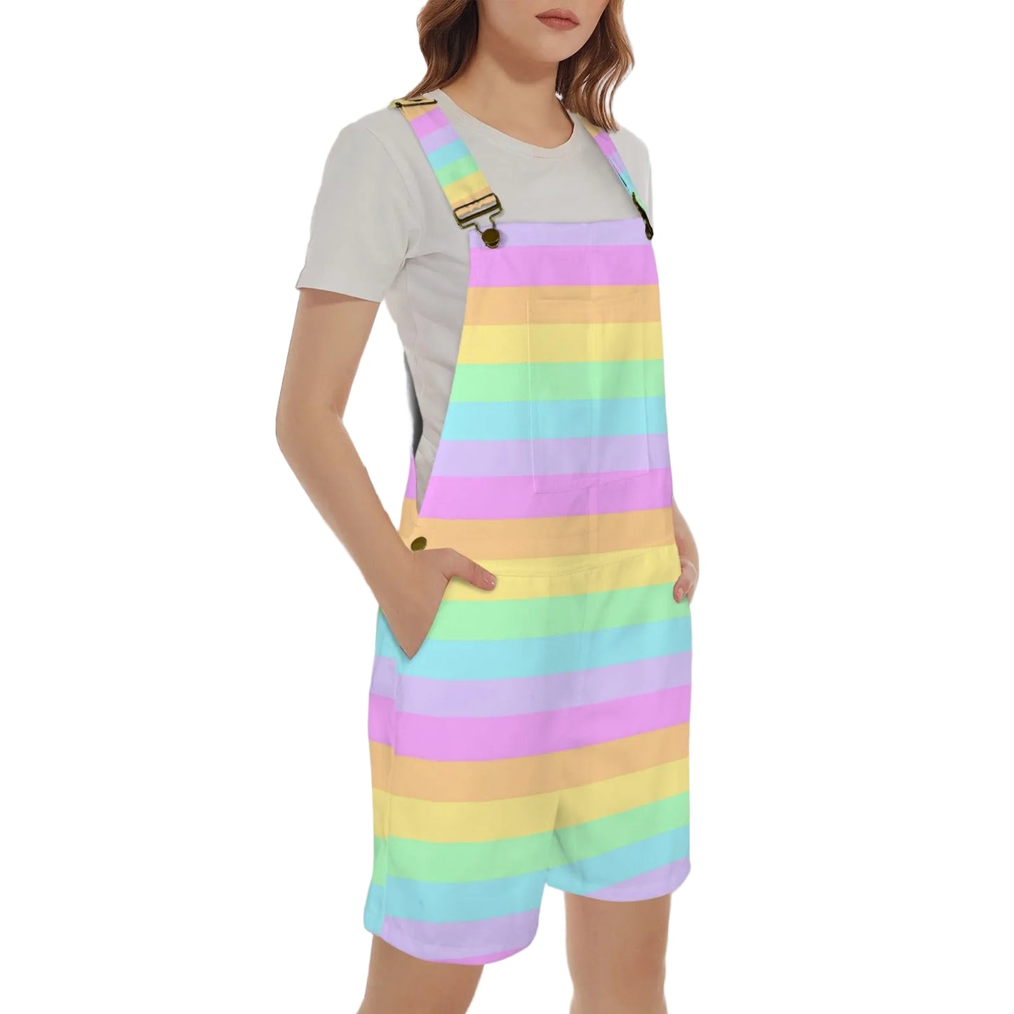 Fruity Rainbow Unisex Shorts Overalls With Adjustable Straps And Pockets (Color Block)