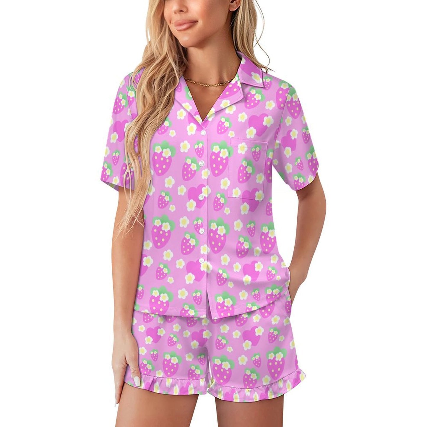Strawberry Cutie Women's Top & Bottom Pajama Loungewear Set Short Sleeve Button Top Frilly Ruffled Shorts With Pockets (Fruity Berry Pink)