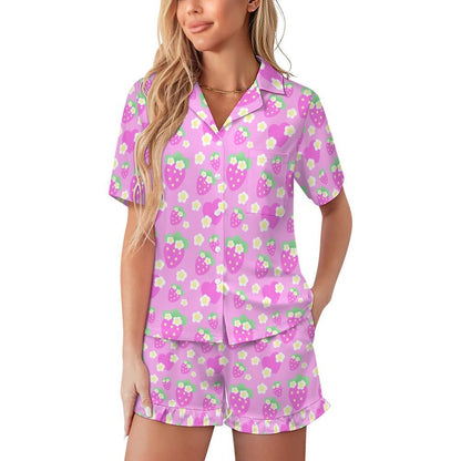 Strawberry Cutie Women's Top & Bottom Pajama Loungewear Set Short Sleeve Button Top Frilly Ruffled Shorts With Pockets (Fruity Berry Pink)