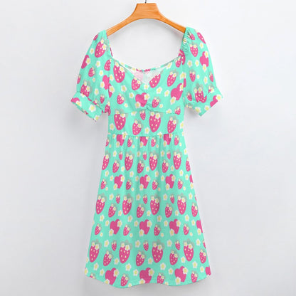 Strawberry Cutie Women's Sweetheart Neckline Puff Short Sleeve A-line Mini Dress (Fruity Berry Mint)