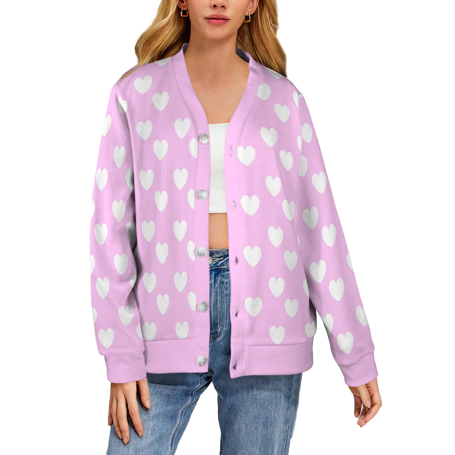 Sweet Love Hearts Ribbed Button Up Cardigan (White x Pink)