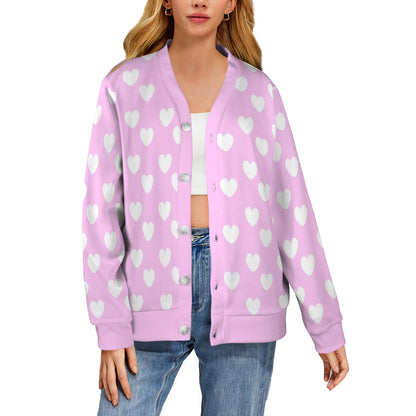 Sweet Love Hearts Ribbed Button Up Cardigan (White x Pink)