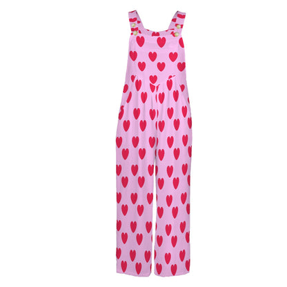 Sweet Love Hearts Adjustable Strap Wide Leg Jumpsuit Overalls With Pockets (Red x Pink)