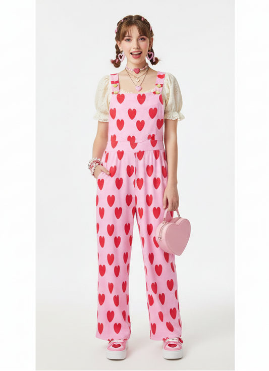 Sweet Love Hearts Adjustable Strap Wide Leg Jumpsuit Overalls With Pockets (Red x Pink)